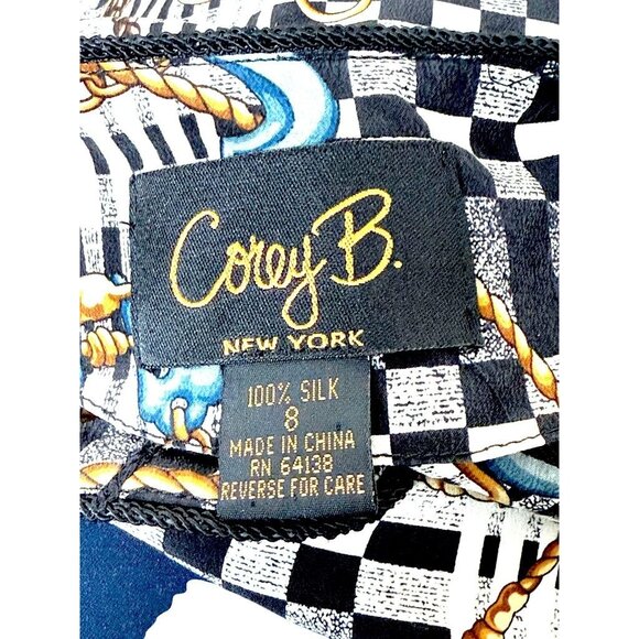 Vintage Corey B. 100% Silk Equestrian Blouse Black/White Checkered Women 8 - Picture 5 of 6